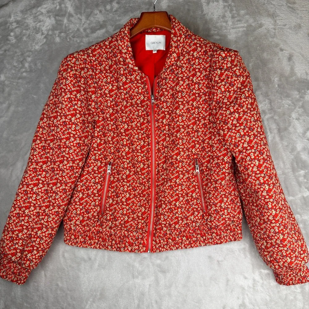 Greylin Red Floral Quilted Bomber Jacket Womens Medium‎ Zip Up G227J1542